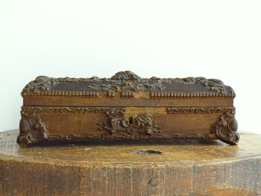 French antique glove box. Wooden box with intricate carvings timeworn patina for antique bedroom decor