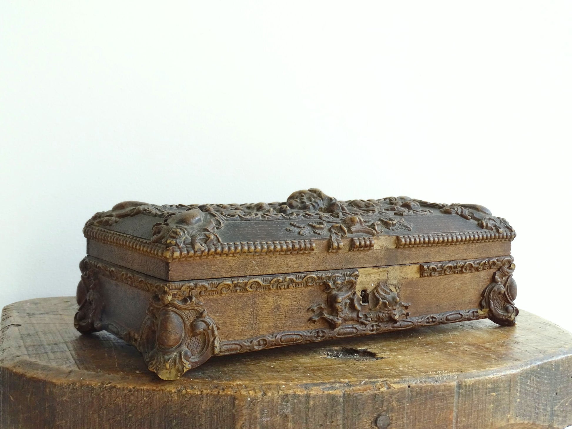 French antique glove box. Wooden box with intricate carvings timeworn patina for antique bedroom decor