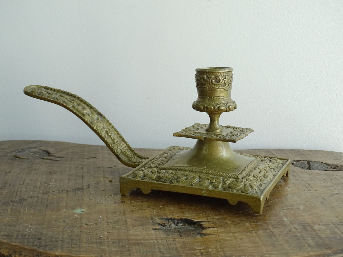 French antique brass candle holder or chamberstick with handle.