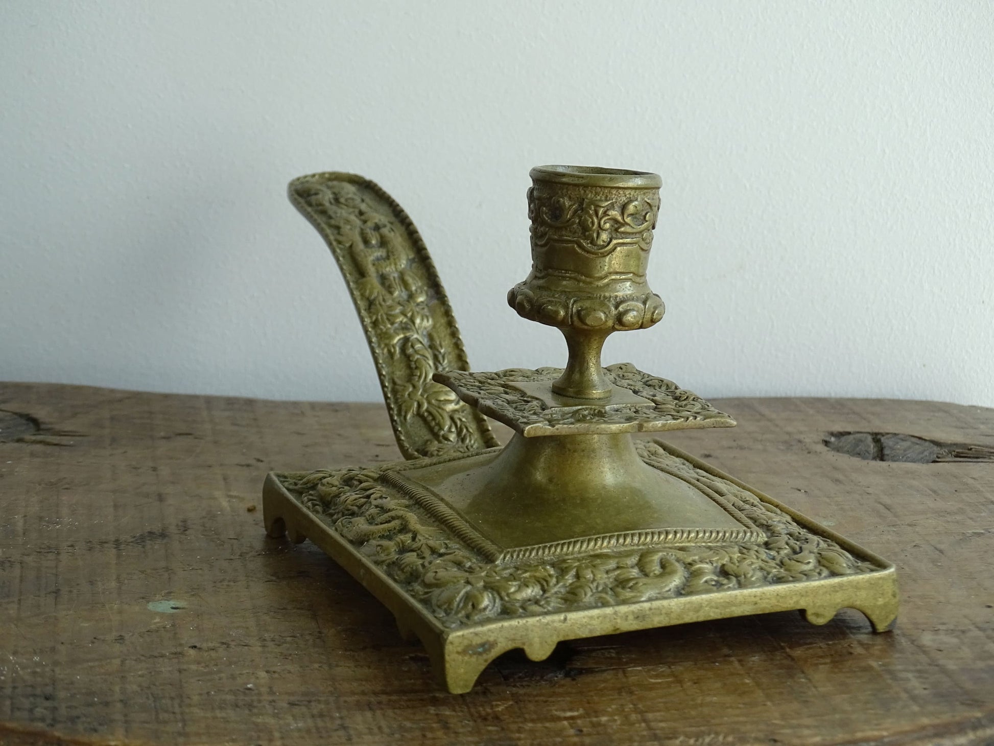 French antique brass candle holder or chamberstick with handle.