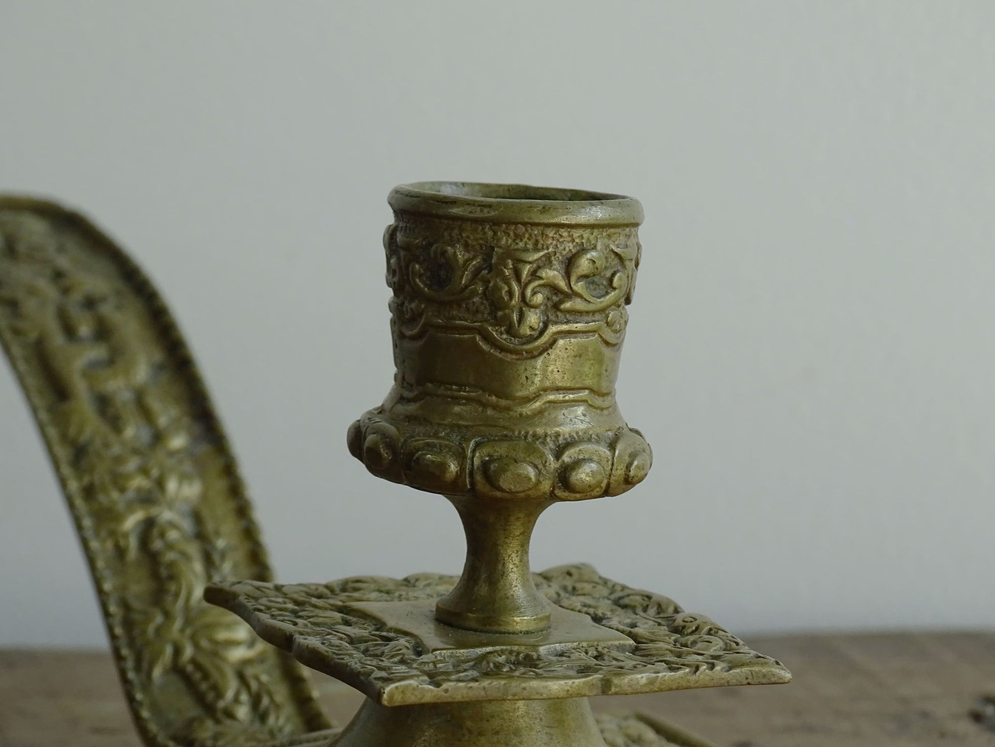 French antique brass candle holder or chamberstick with handle.