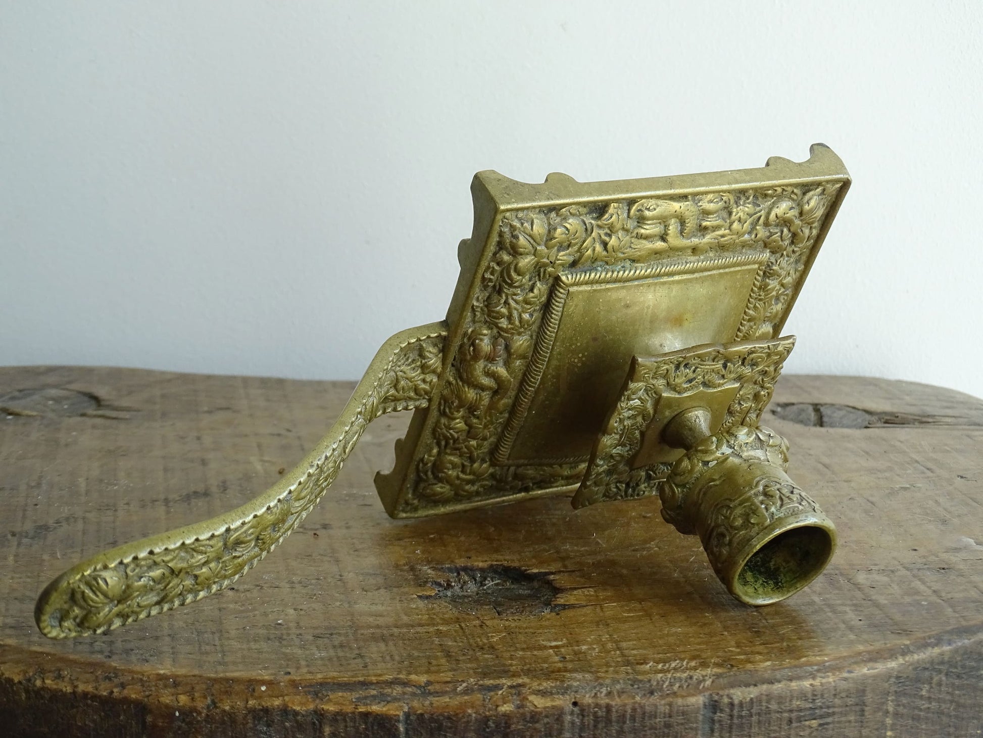 French antique brass candle holder or chamberstick with handle.