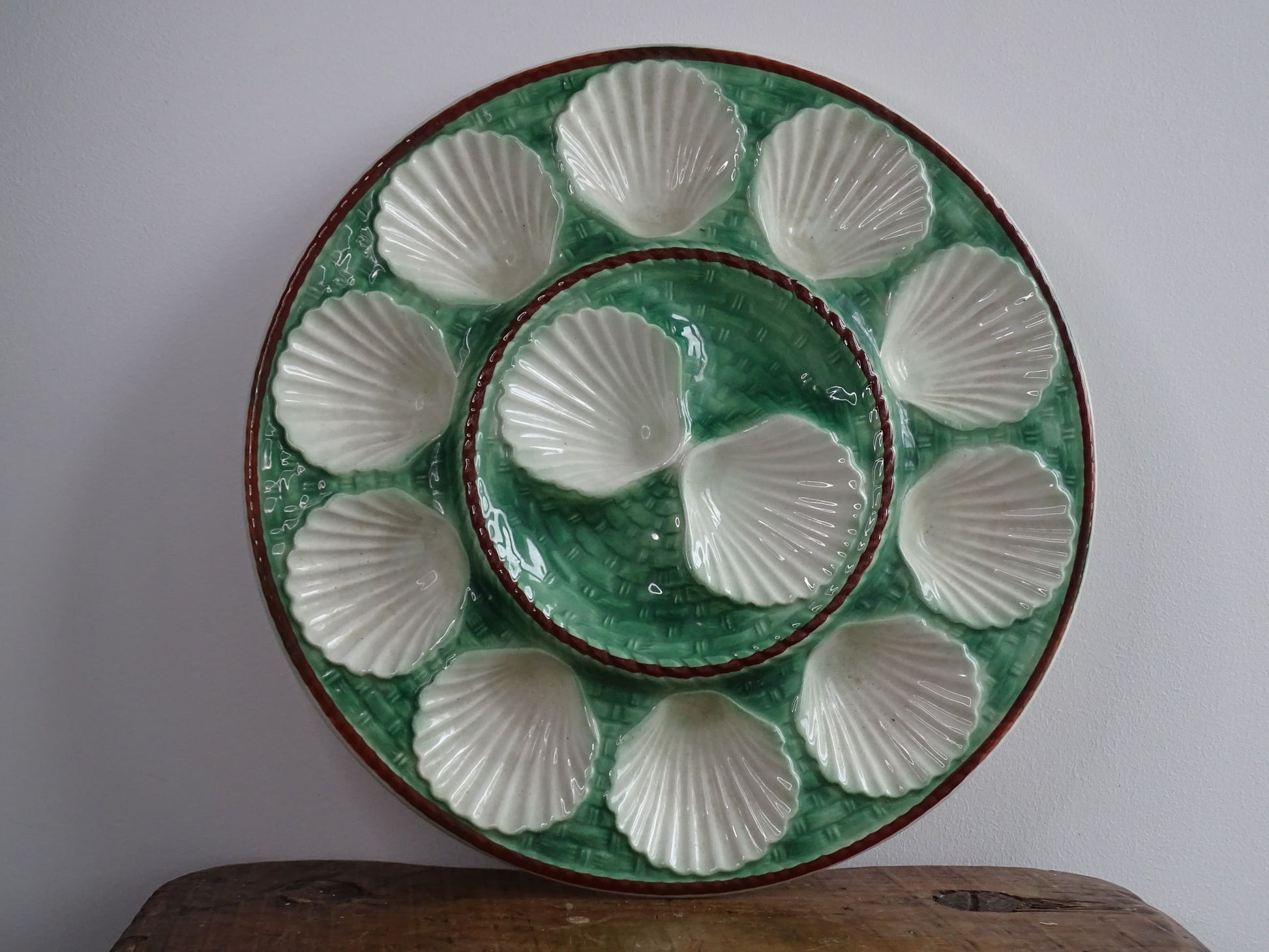 French Barbotine Serving Oyster Plate or Majolica Plate with Green Basketweave Design and Brown Edge