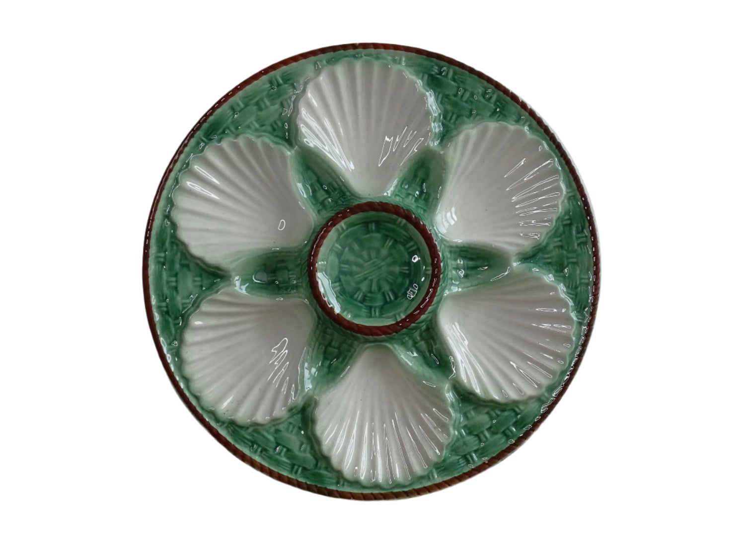 French Barbotine Oyster Plate or Majolica Plate with Green Basketweave Design and Brown Edge