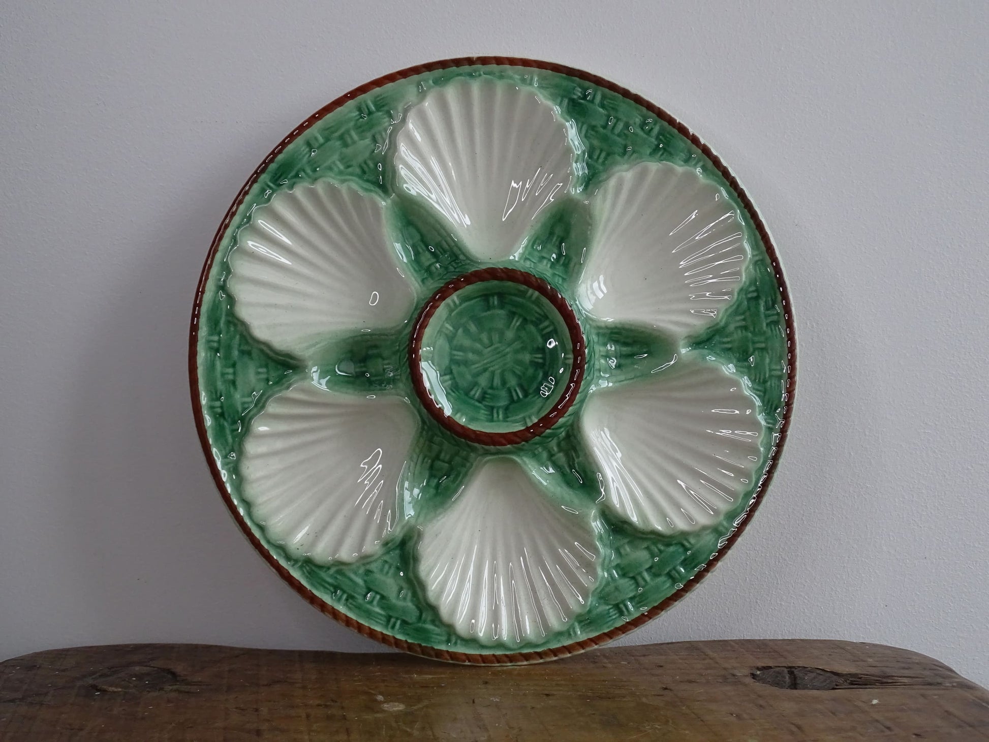 French Barbotine Oyster Plate or Majolica Plate with Green Basketweave Design and Brown Edge