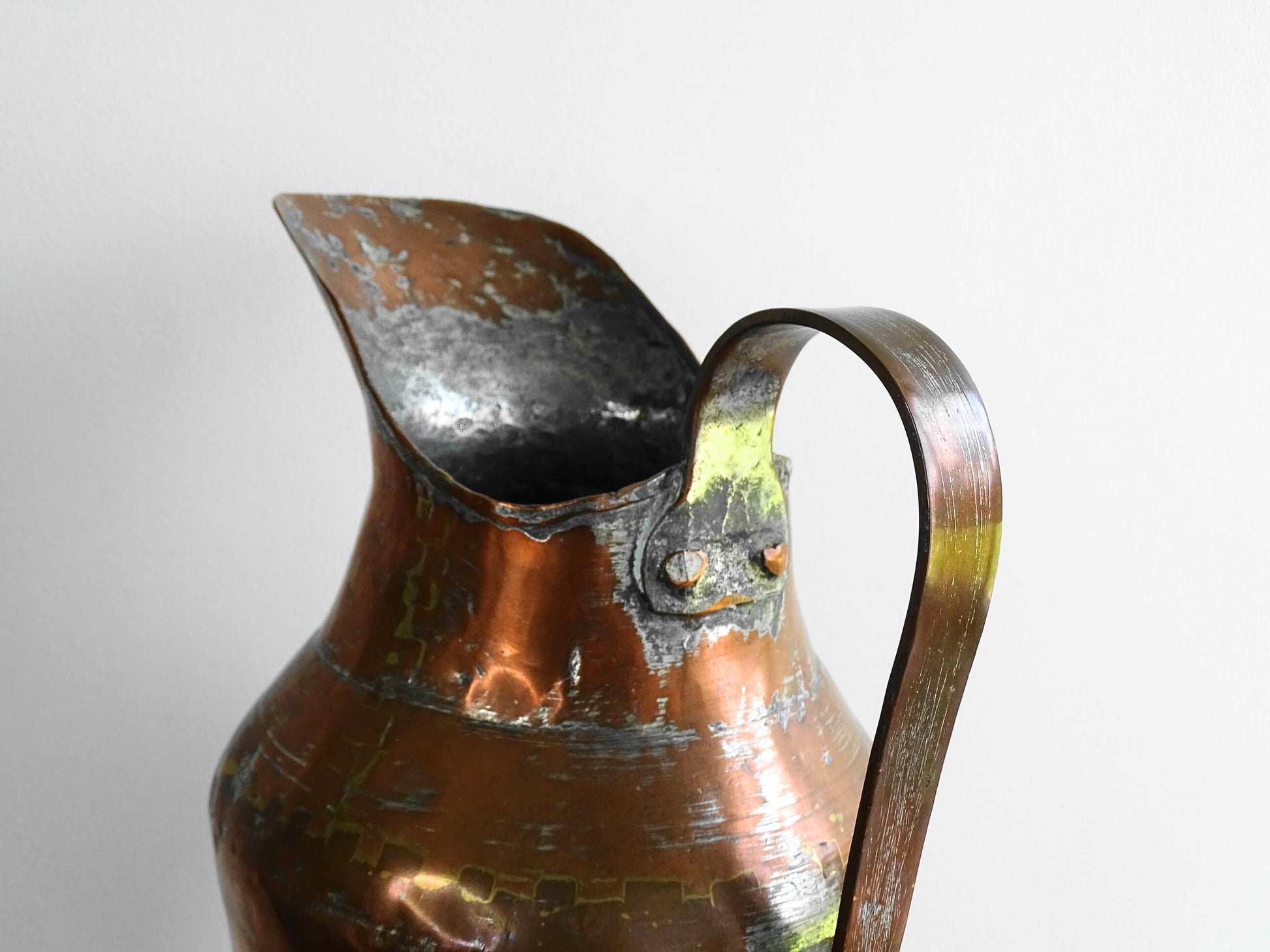 French antique copper pitcher with handle and dovetail seam. Tall copper jug for French countryside decor.