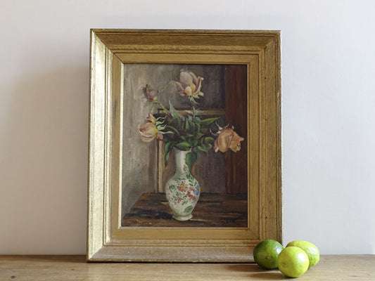 French antique still life oil painting in gold frame from the early twentieth century, S. Signorel