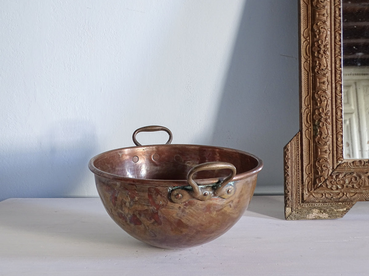 French antique copper bowl with curved vase and brass handles