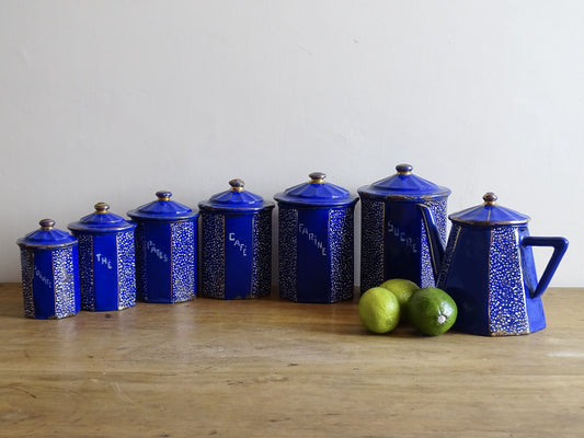 French antique blue enamelware canister set with teapot