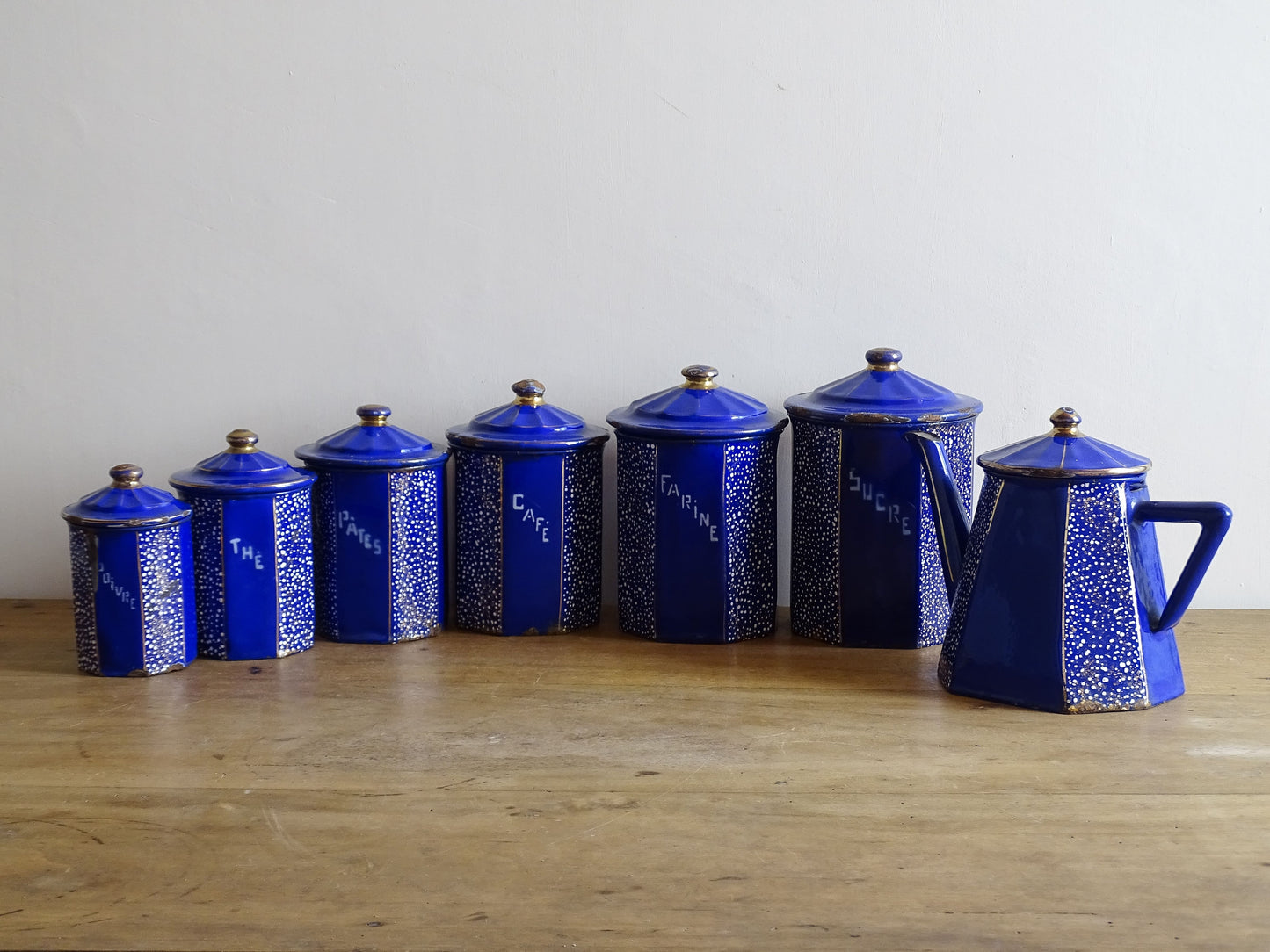 French antique blue enamelware canister set with teapot