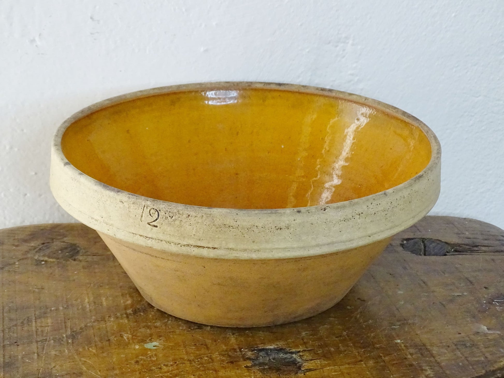 Antique French Ceramic Mixing Bowl with Orange Glazed Interior