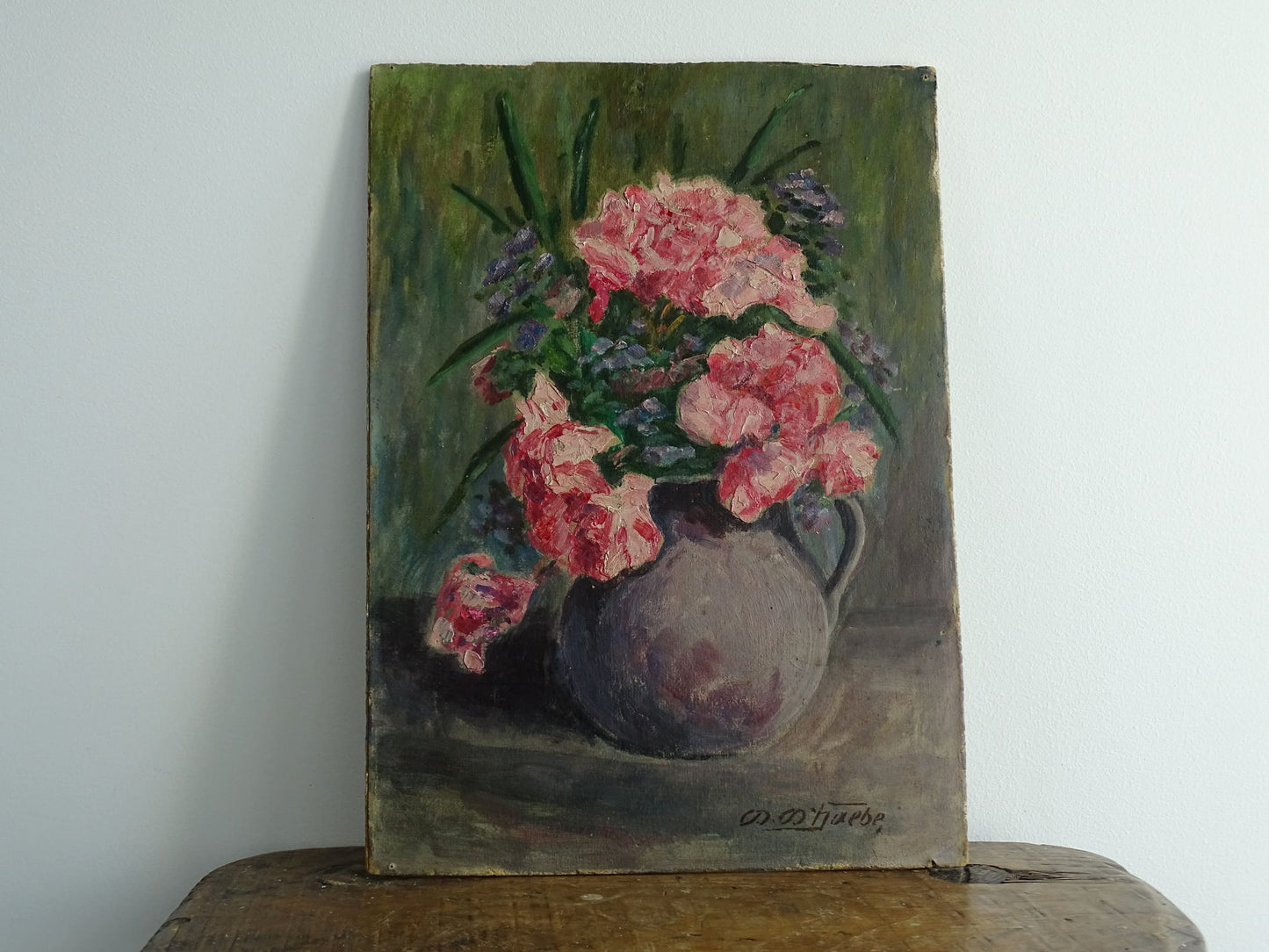 French antique still life painting, oil on board. Floral still life of roses. Antique oil painting. 