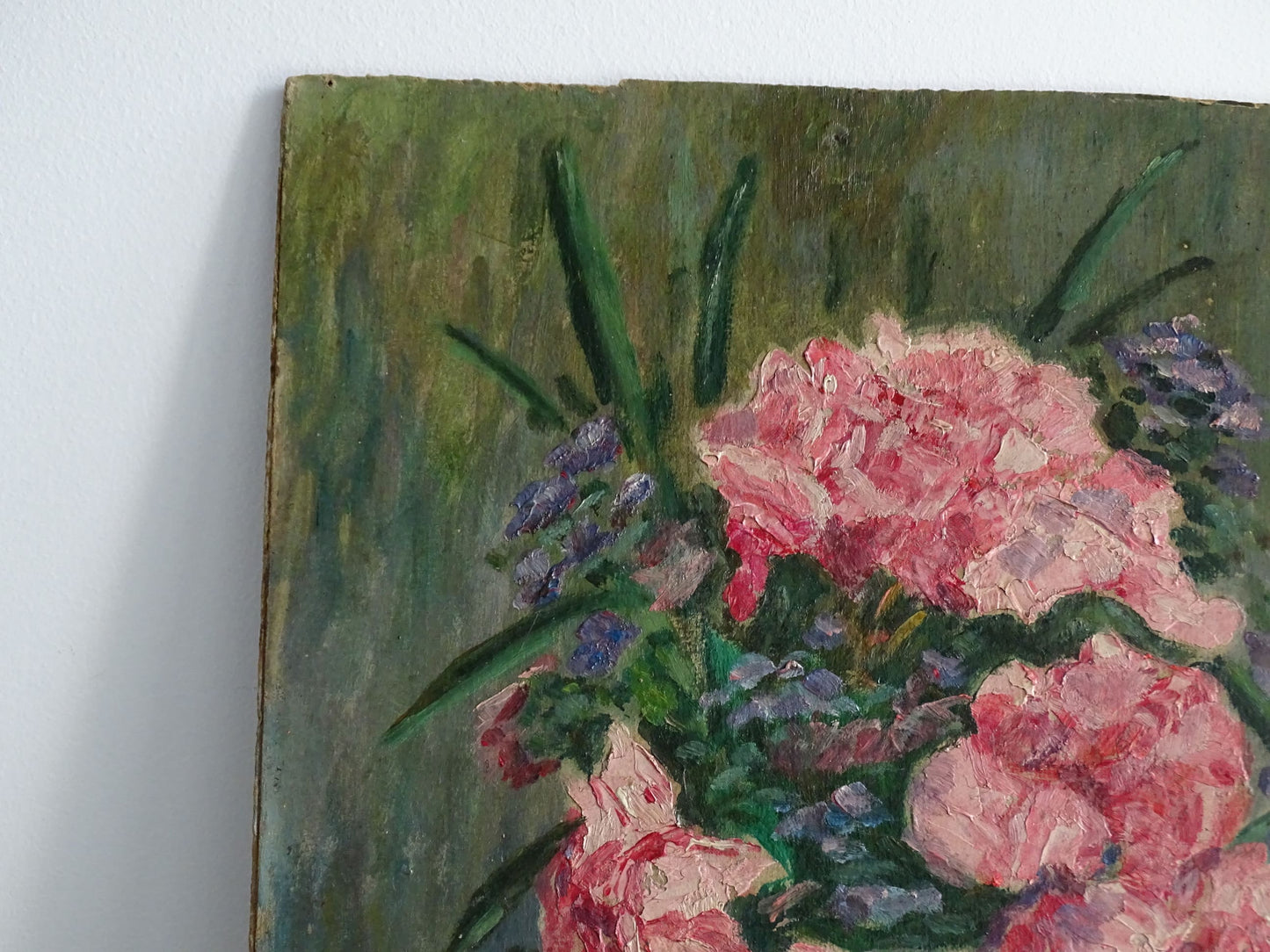 French antique still life painting, oil on board. Floral still life of roses. Antique oil painting. 