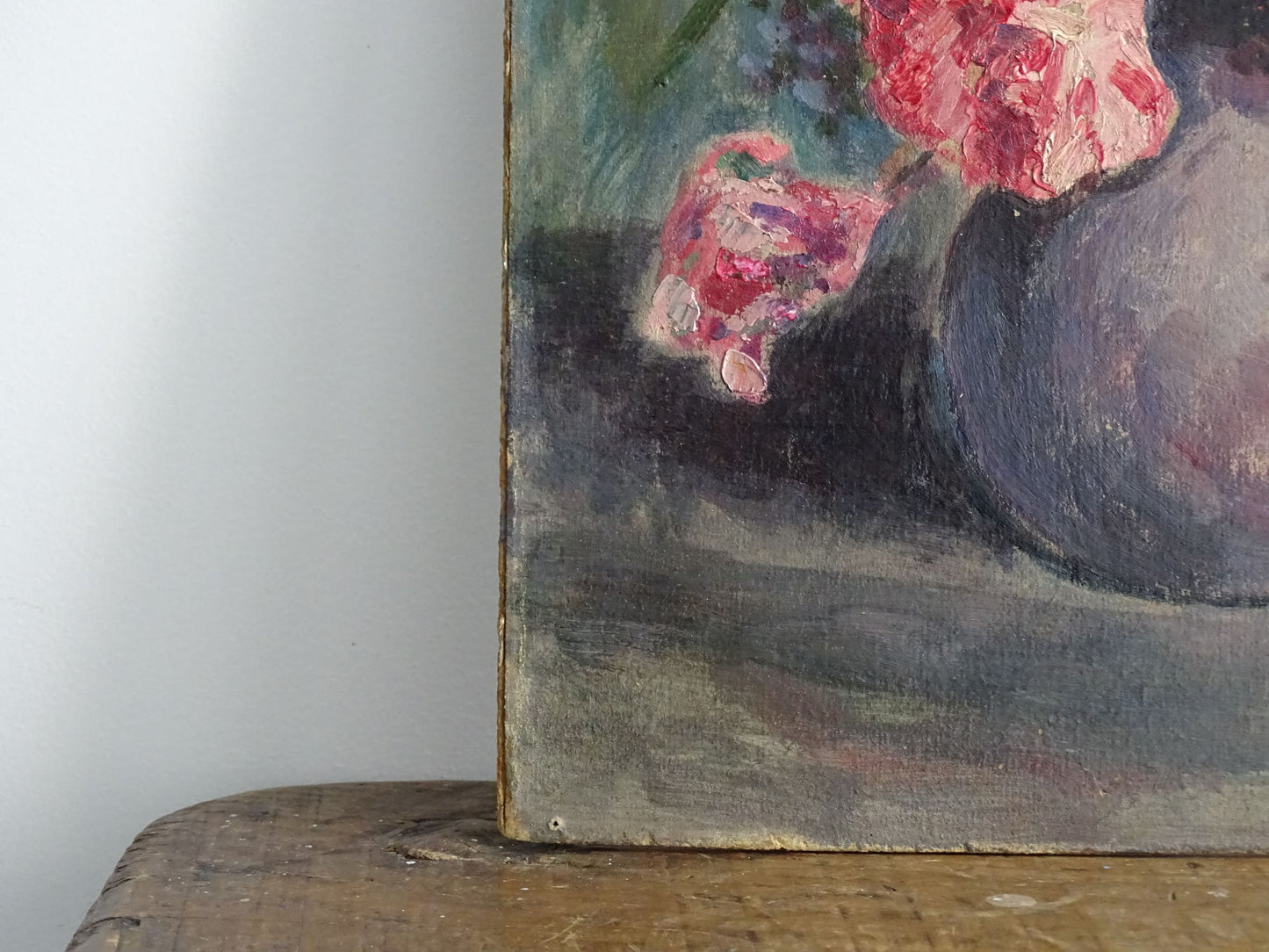 French antique still life painting, oil on board. Floral still life of roses. Antique oil painting. 