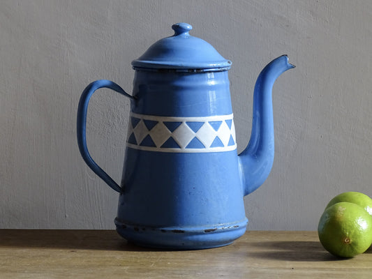 Vintage French Blue and White Enamel Teapot with Diamond Pattern Band