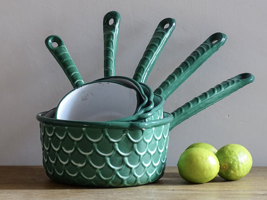 French vintage enamel pans with fish scale pattern, set of five green enamelware pans