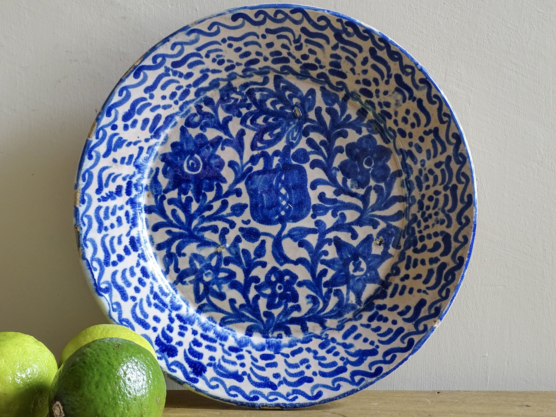Antique Spanish Fajalauza Plate with Blue Hand-Painted Pomegranate