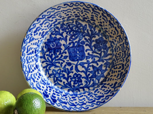 Antique Spanish Fajalauza Plate with Blue Hand-Painted Pomegranate