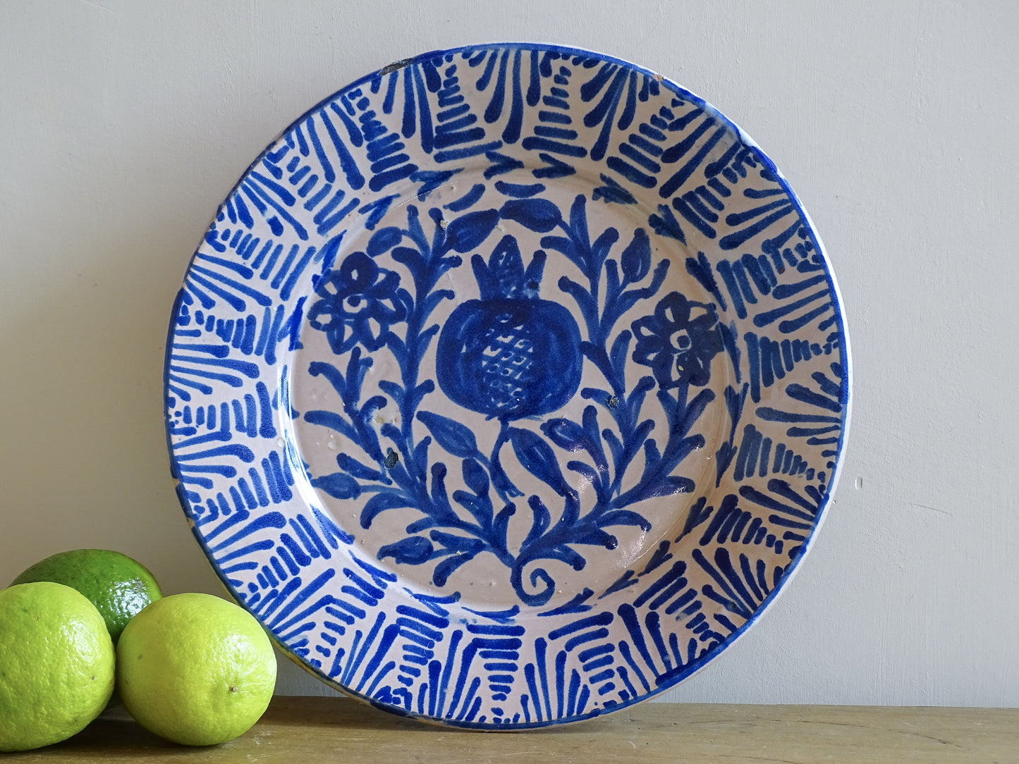 Antique Spanish Fajalauza Plate with Blue Hand-Painted Pomegranate