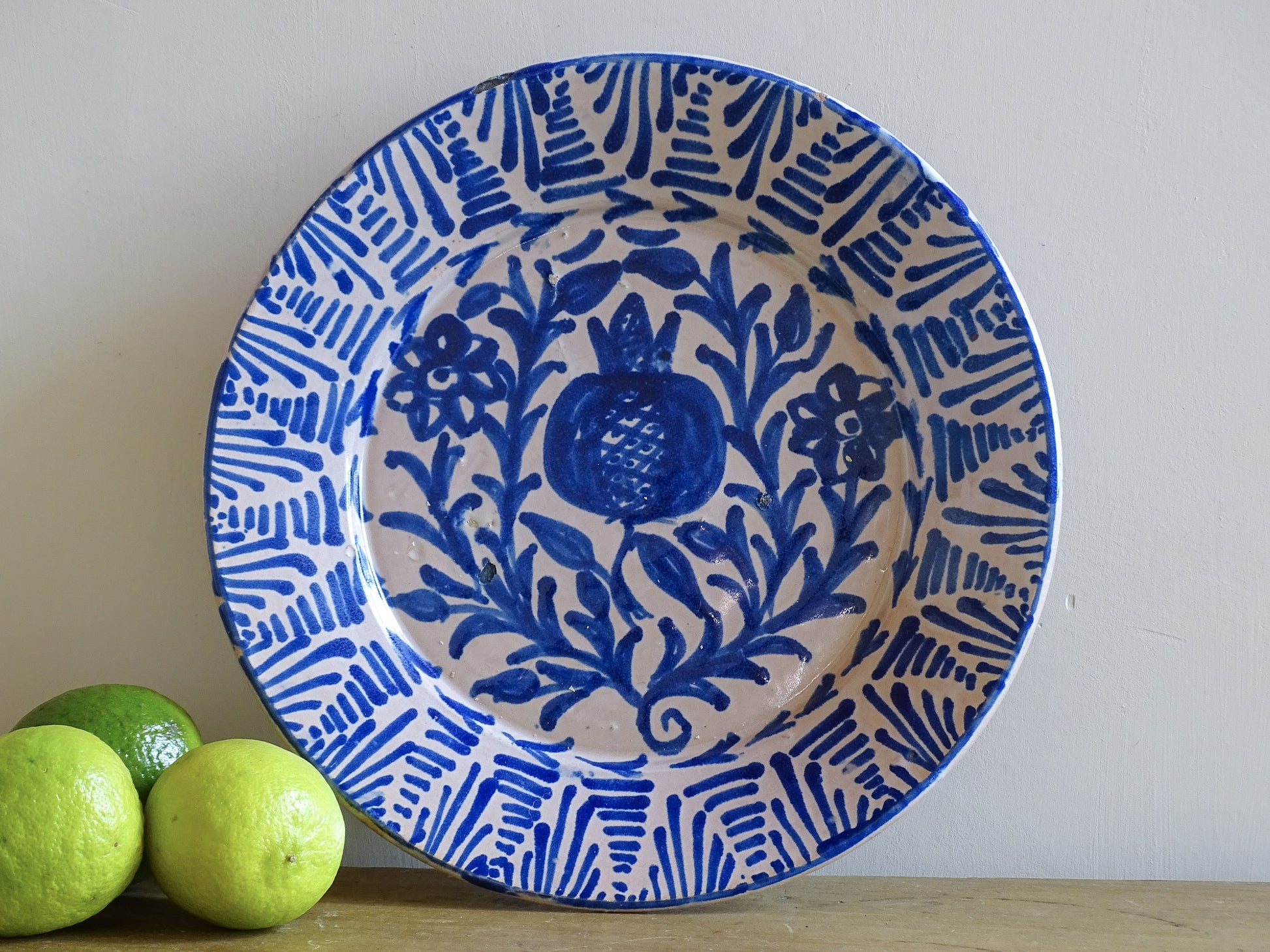 Antique Spanish Fajalauza Plate with Blue Hand-Painted Pomegranate