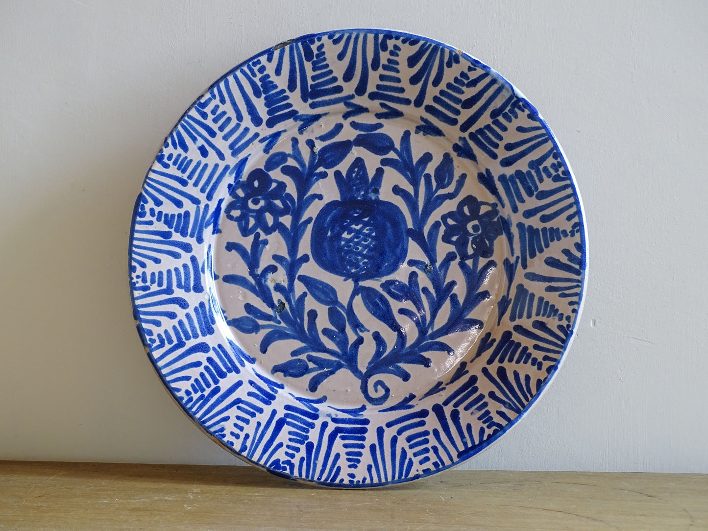Antique Spanish Fajalauza Plate with Blue Hand-Painted Pomegranate