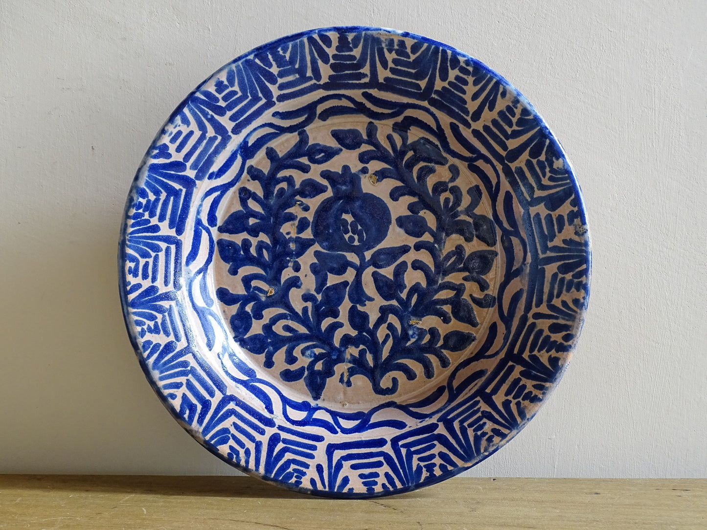 Antique Spanish Fajalauza Bowl with Blue Hand-Painted Pomegranate