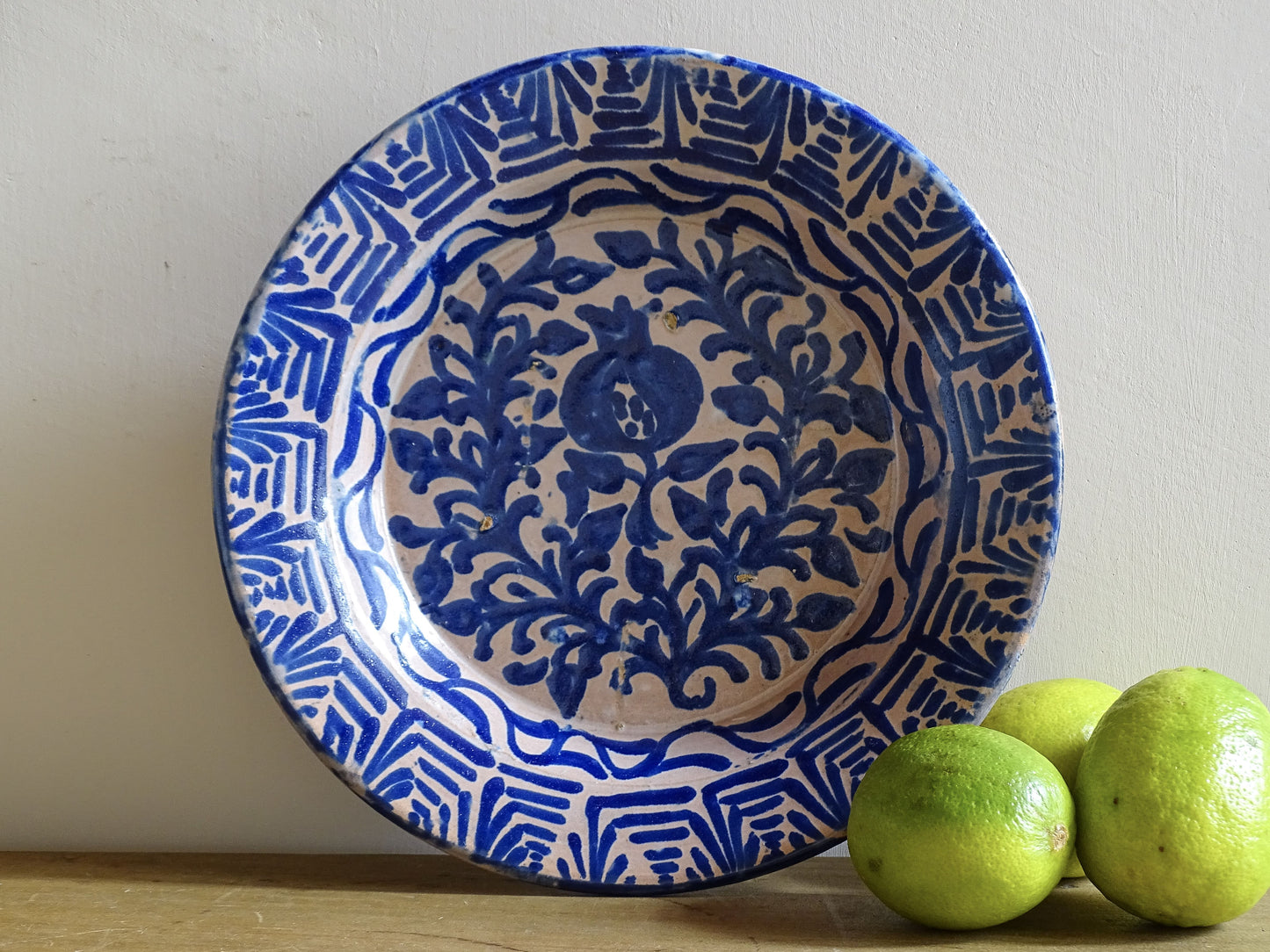 Antique Spanish Fajalauza Bowl with Blue Hand-Painted Pomegranate