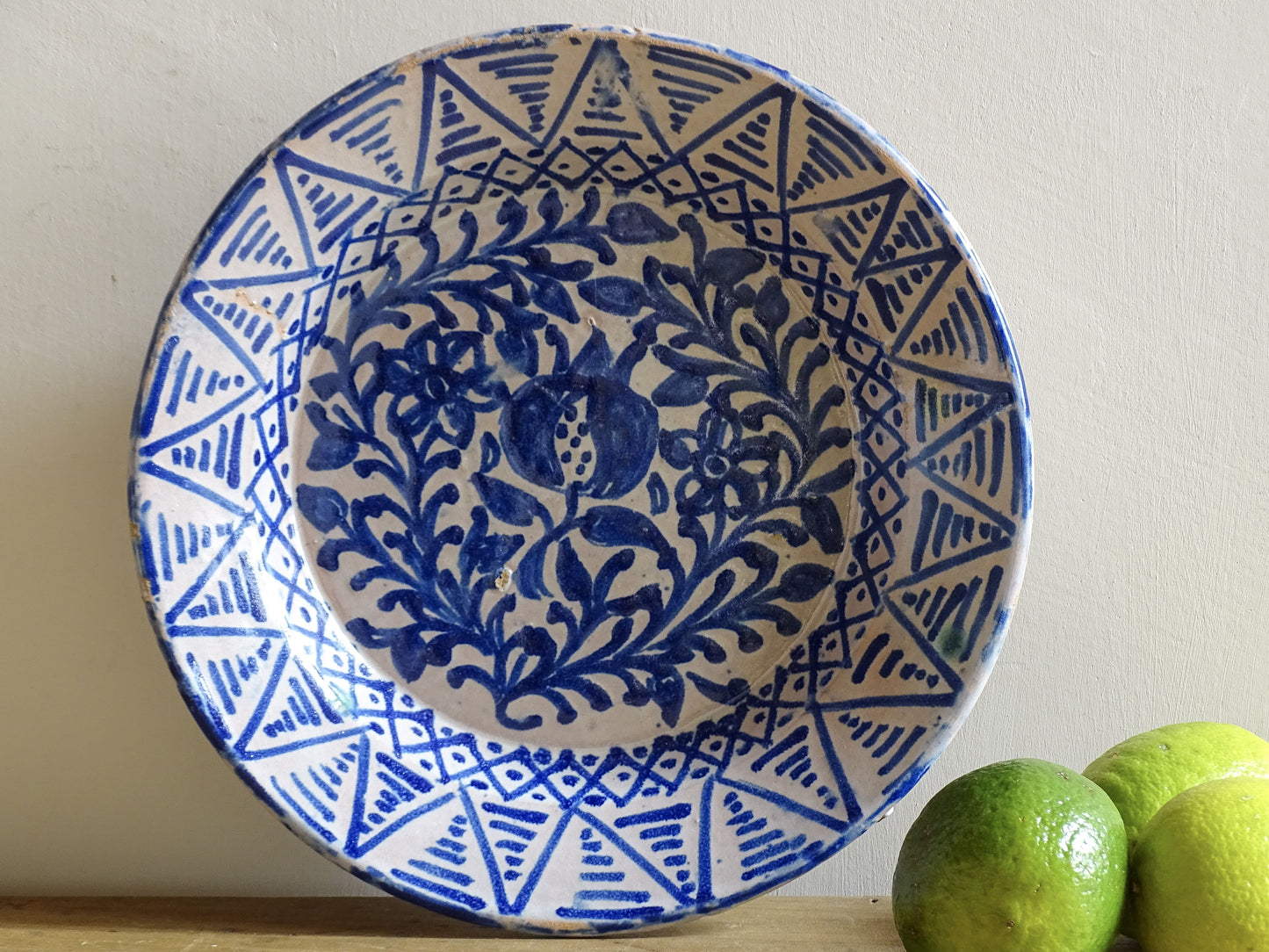 Antique Spanish Fajalauza Bowl with Blue Hand-Painted Pomegranate