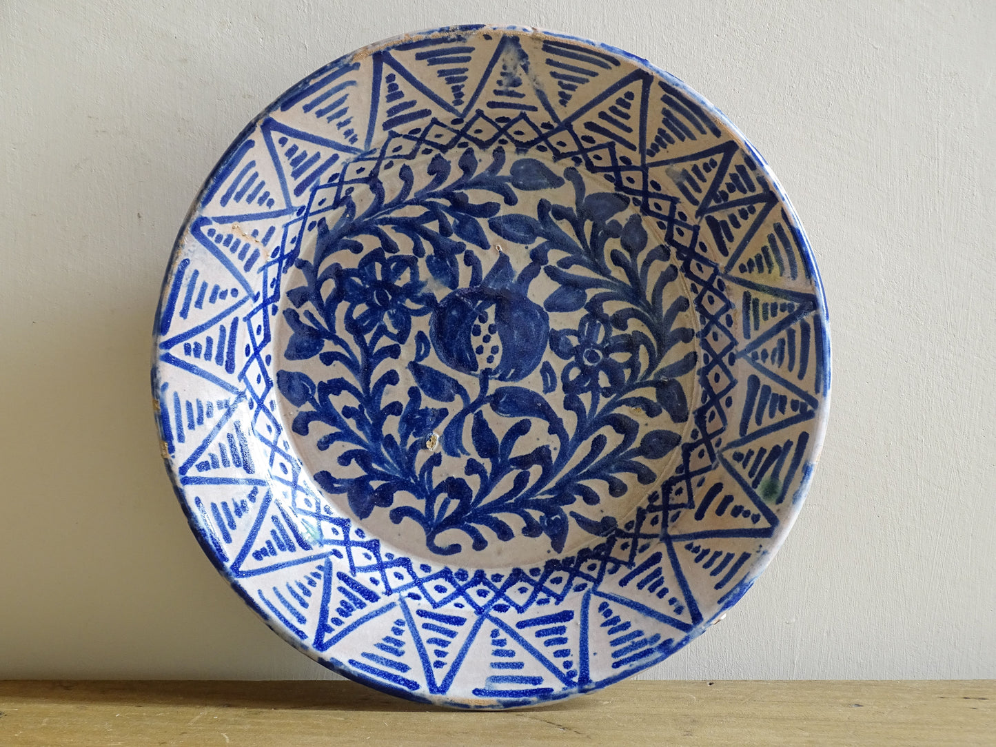 Antique Spanish Fajalauza Bowl with Blue Hand-Painted Pomegranate