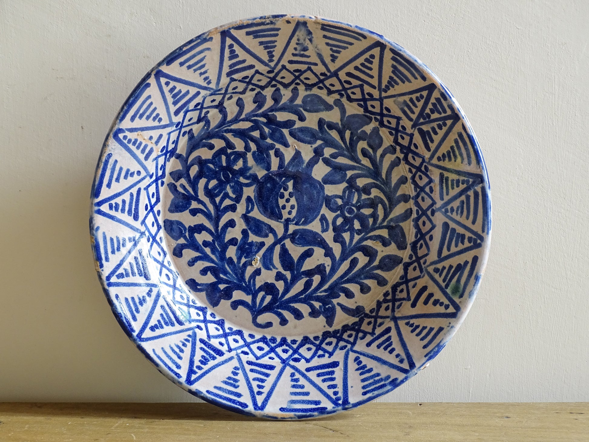 Antique Spanish Fajalauza Bowl with Blue Hand-Painted Pomegranate