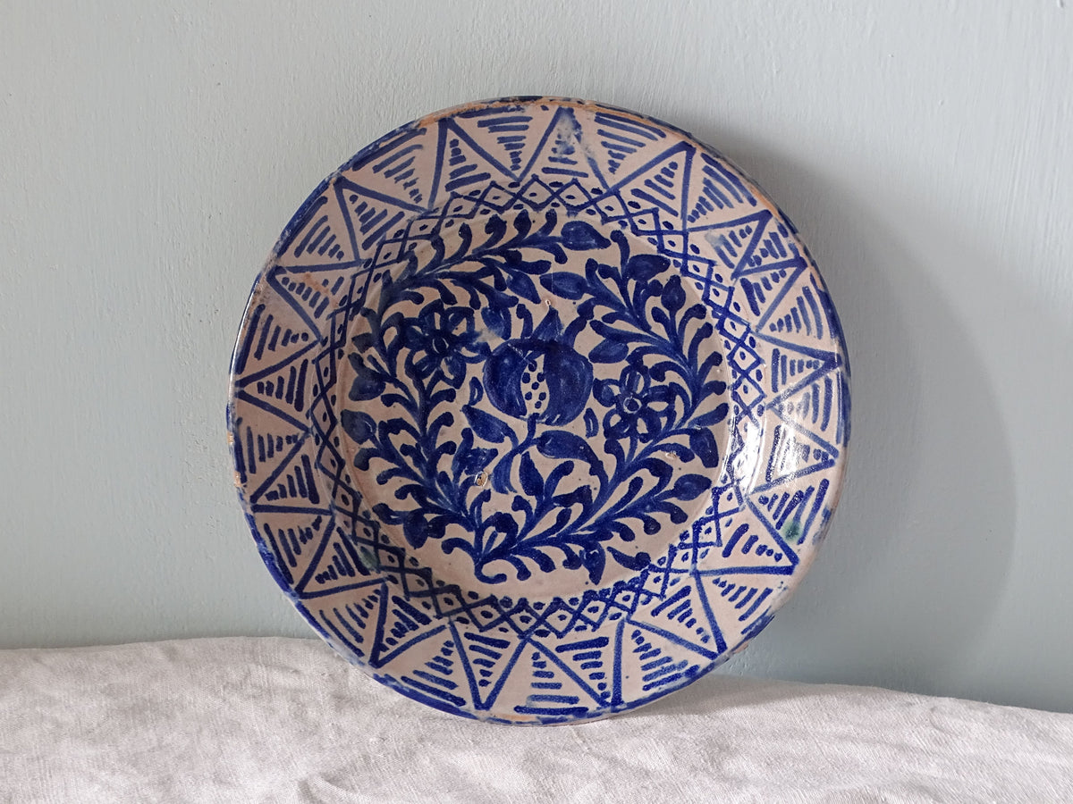 Spanish antique Fajalauza ceramic bowl with pomegranite and geometric design