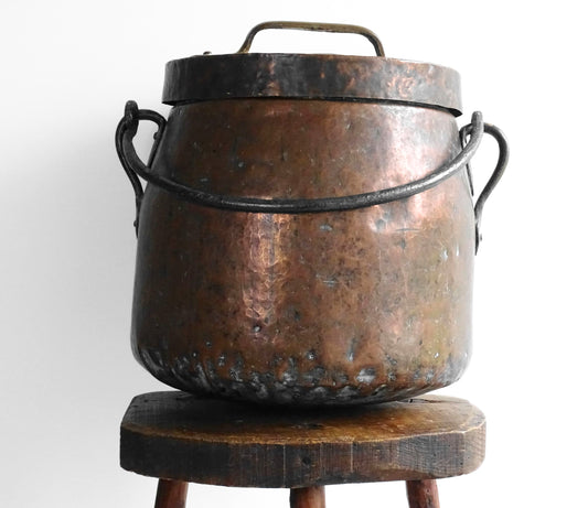 Large antique French copper cauldron with wrought iron handle, lid and rounded base. French farmhouse kitchen decor. 