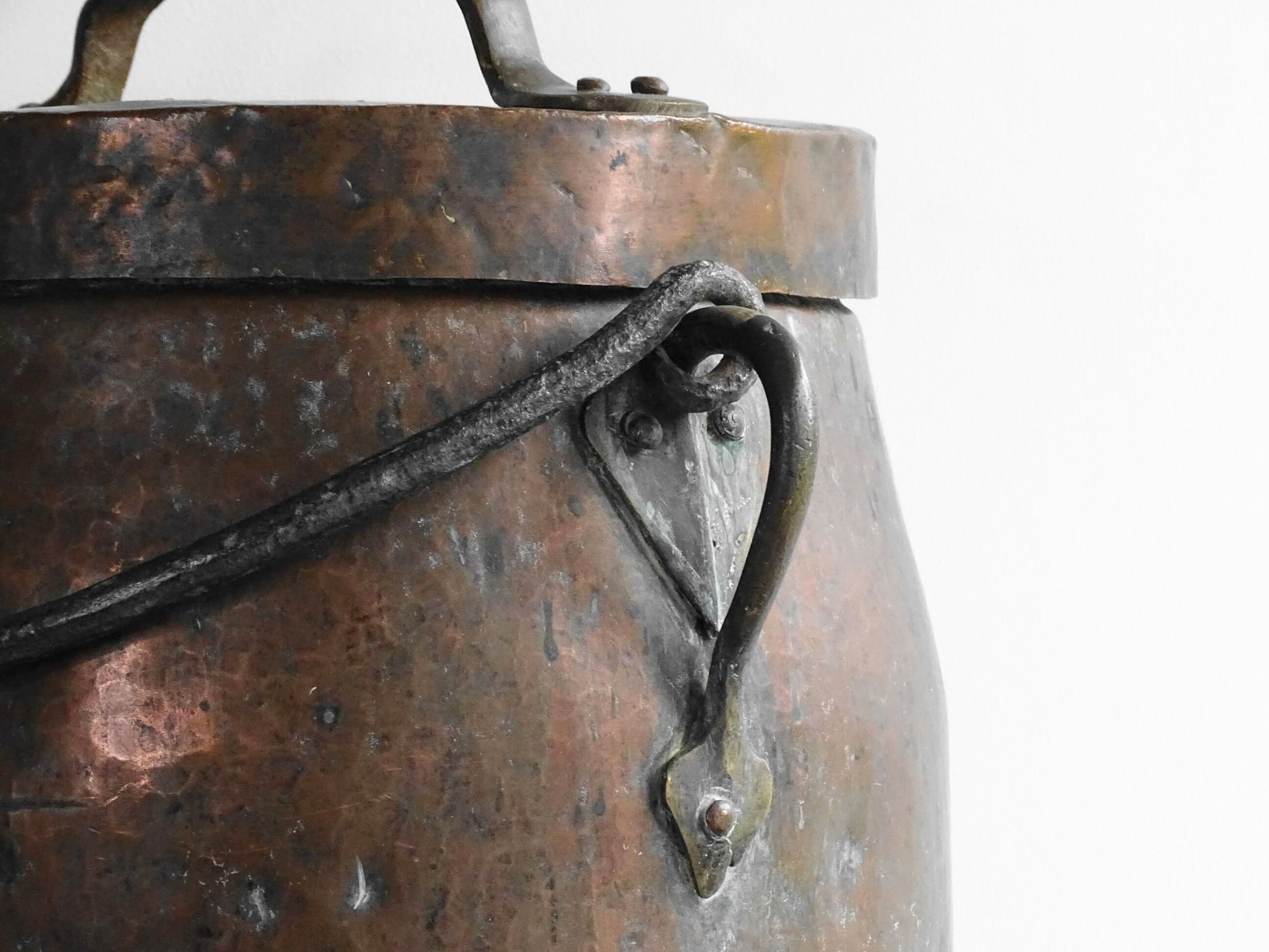 Large antique French copper cauldron with wrought iron handle, lid and rounded base. French farmhouse kitchen decor. 