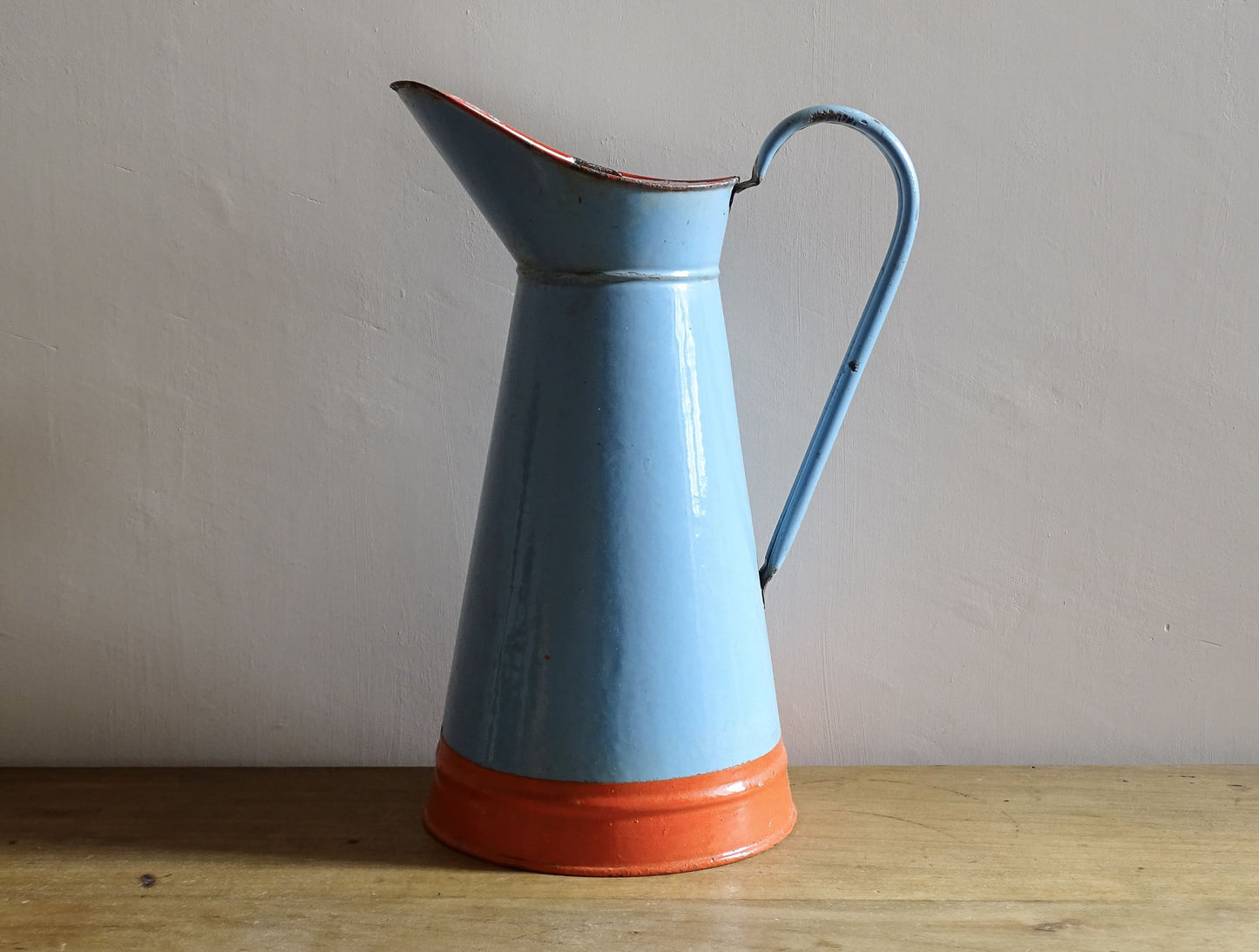 French vintage enamelware pitcher in blue and orange