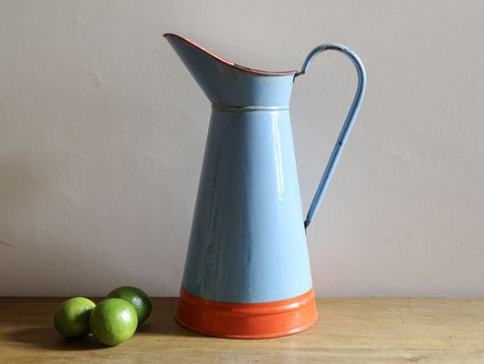 French vintage enamelware pitcher in blue and orange