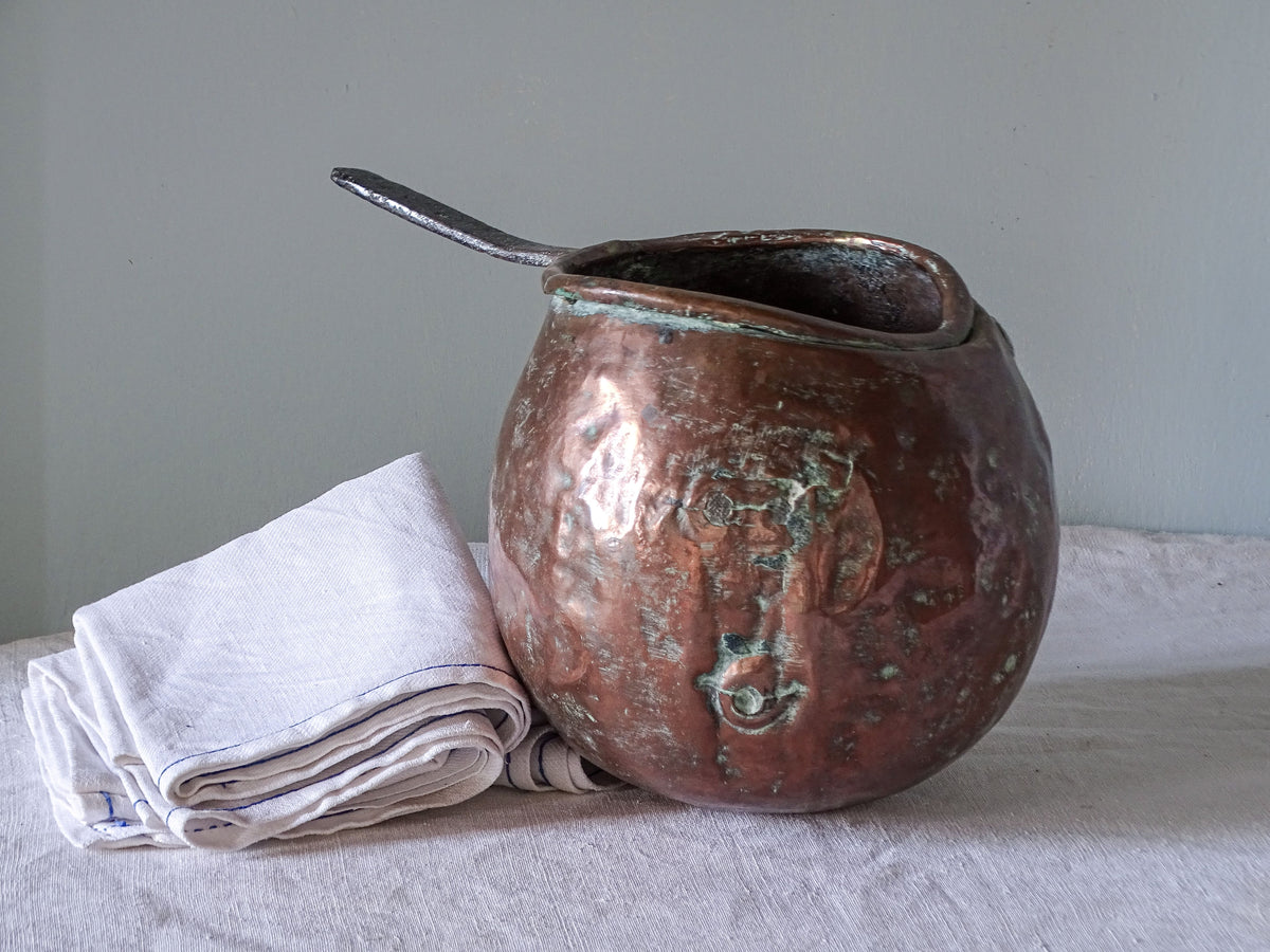 Antique copper zabaglione pan with rustic patina