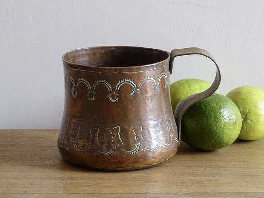 Antique Copper Tankard with Etched Design and Brass Handle