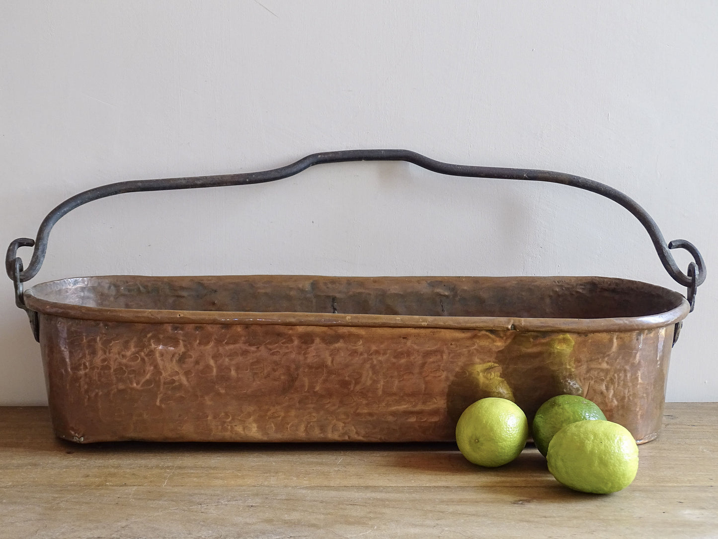 French Antique Hammered Copper Poissonnière, Fish Kettle or Fish Poacher with Wrought Iron Handle