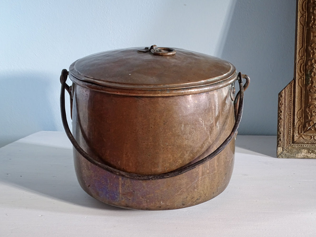 French antique copper cauldron with lid and wrought iron handle