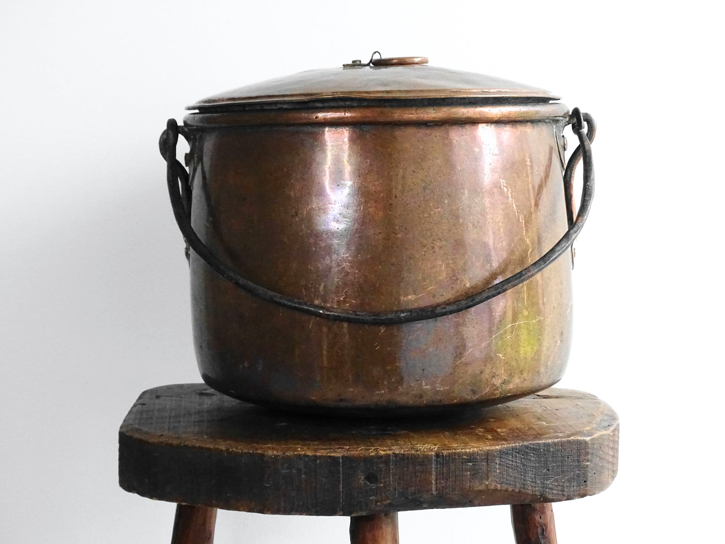 18th Century Antique Copper Cauldron with Lid, a French antique copper cooking pot with wrought iron handle.