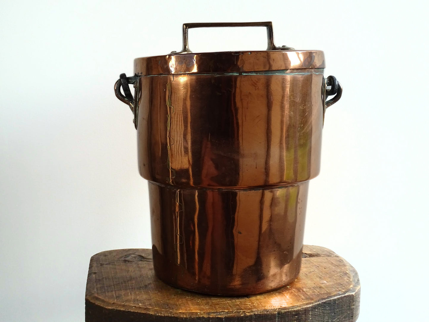 French antique copper cooking pot or Antique Copper Cauldron with Wrought Iron Handle and lid