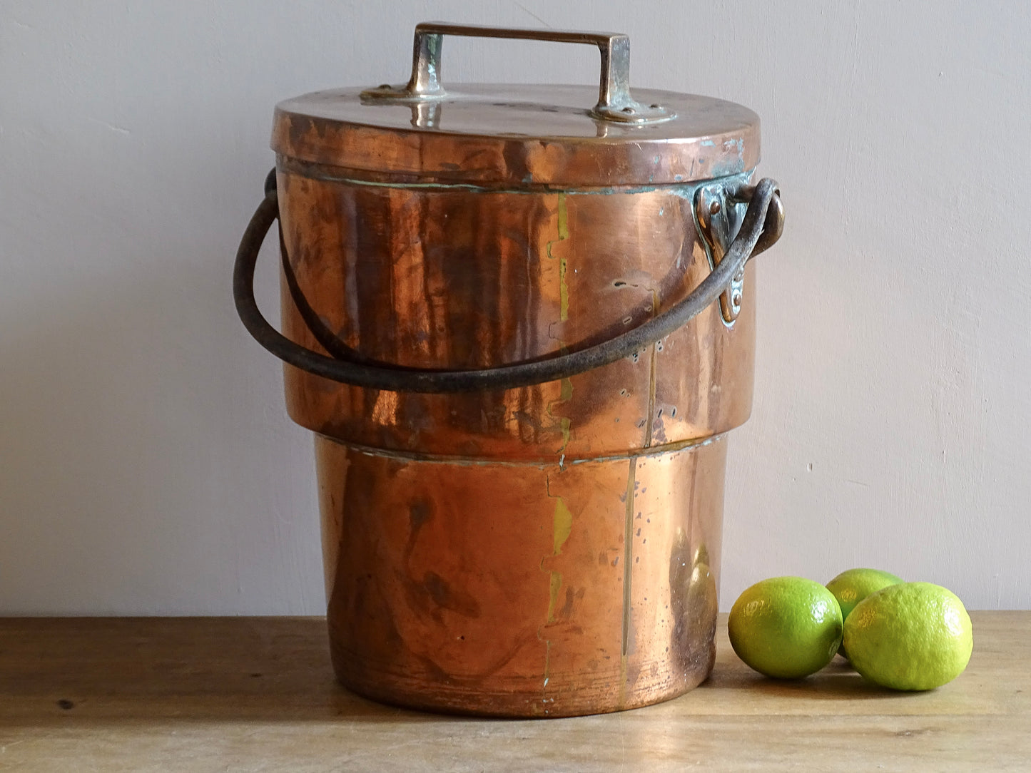 French antique copper cooking pot or Antique Copper Cauldron with Wrought Iron Handle and lid