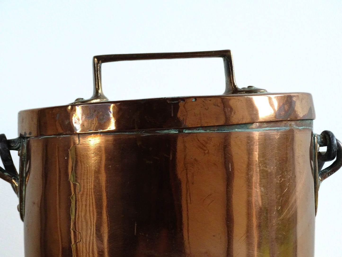 French antique copper cooking pot or Antique Copper Cauldron with Wrought Iron Handle and lid