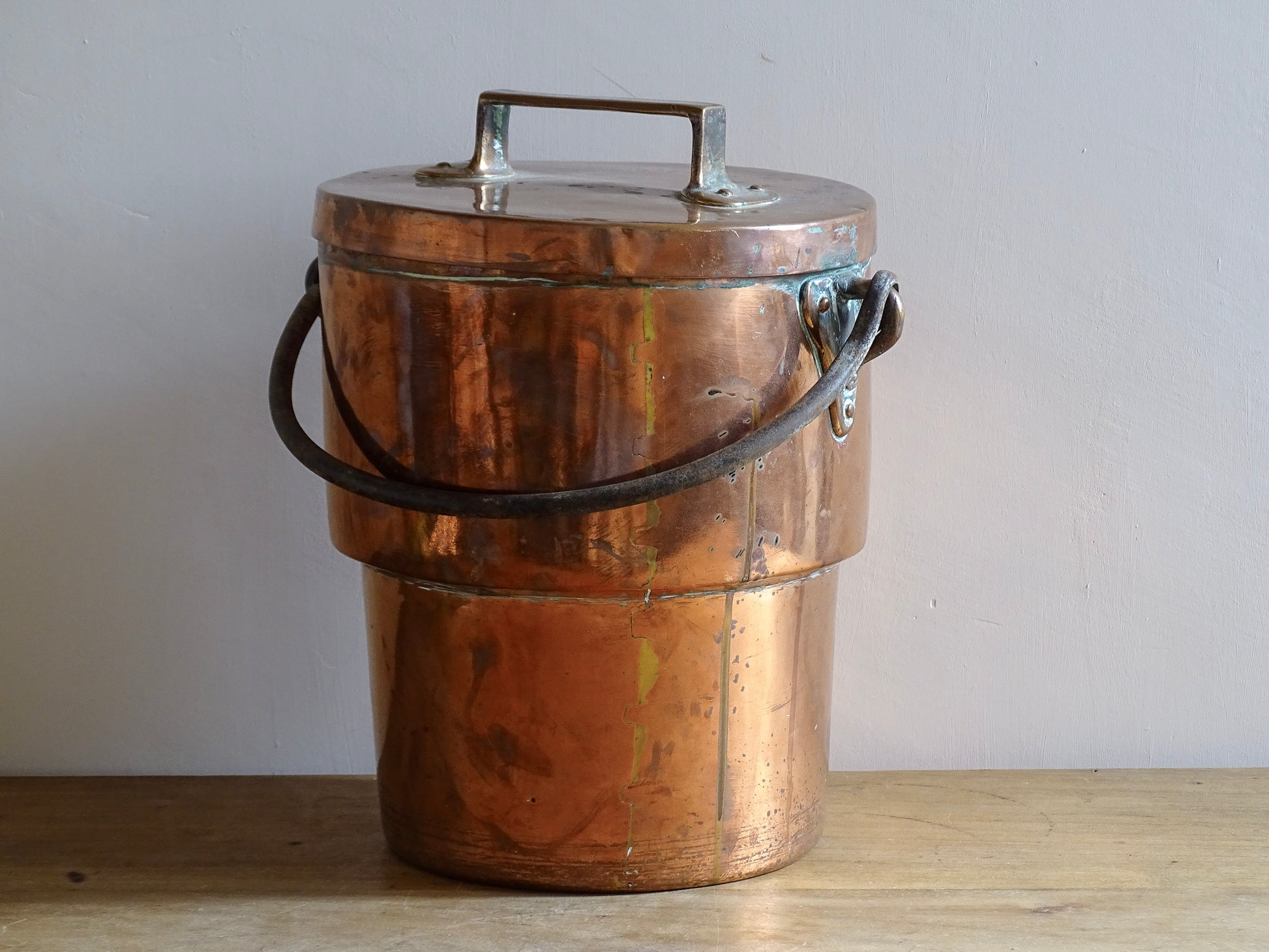 French antique copper cooking pot or Antique Copper Cauldron with Wrought Iron Handle and lid
