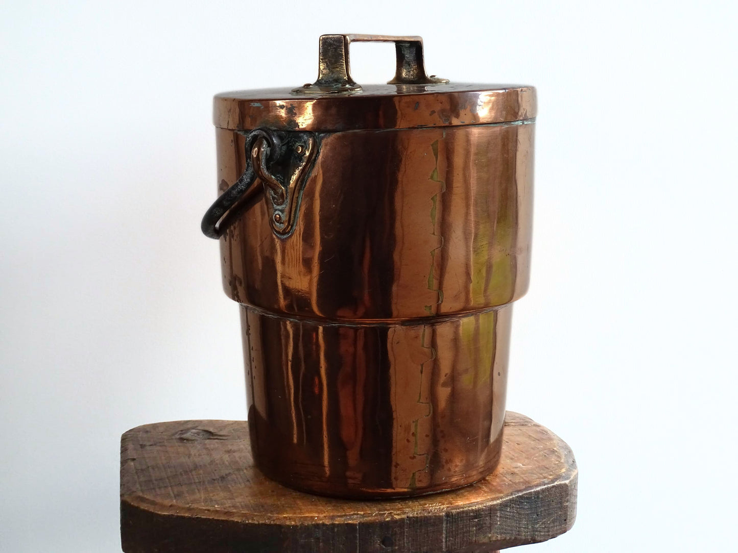 French antique copper cooking pot or Antique Copper Cauldron with Wrought Iron Handle and lid