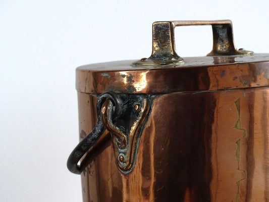 Antique Lidded Copper Cauldron with Wrought Iron Handle