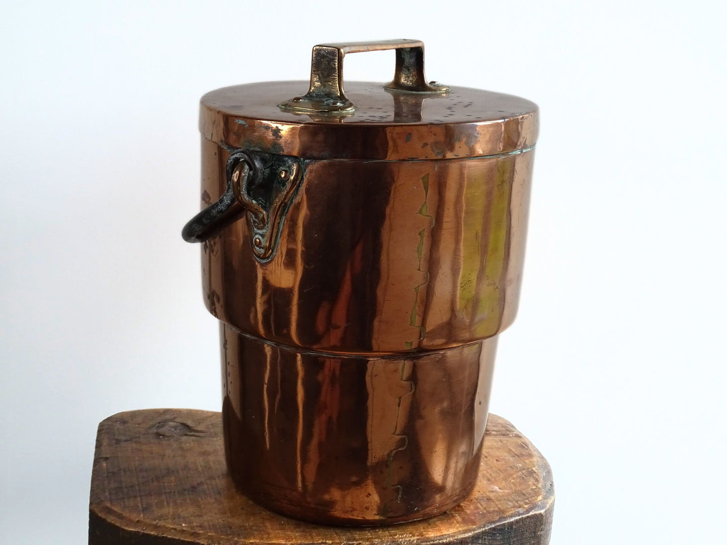 French antique copper cooking pot or Antique Copper Cauldron with Wrought Iron Handle and lid