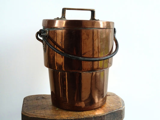 Antique Lidded Copper Cauldron with Wrought Iron Handle