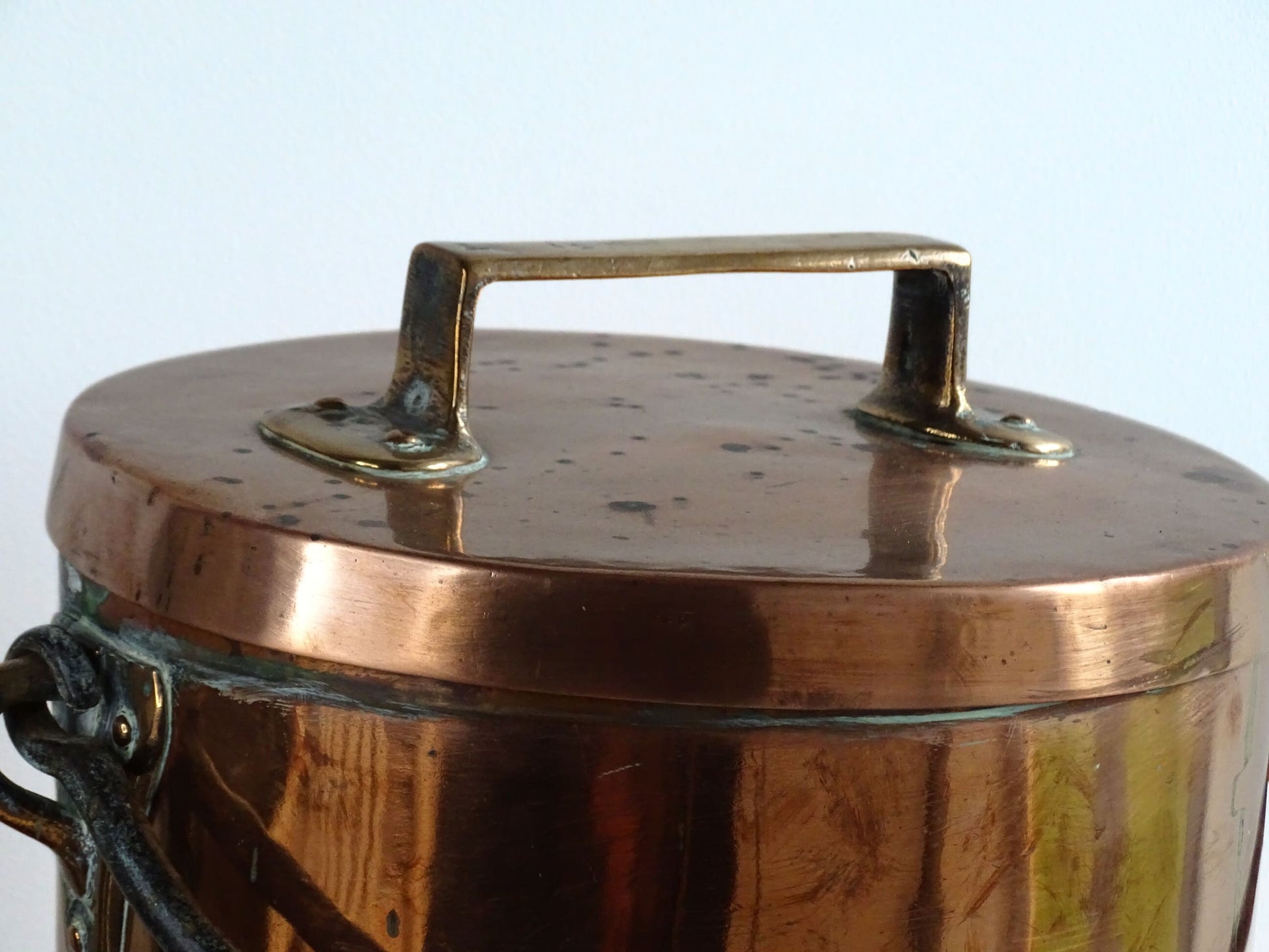 French antique copper cooking pot or Antique Copper Cauldron with Wrought Iron Handle and lid