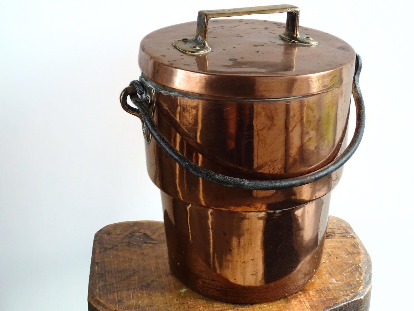 French antique copper cooking pot or Antique Copper Cauldron with Wrought Iron Handle and lid